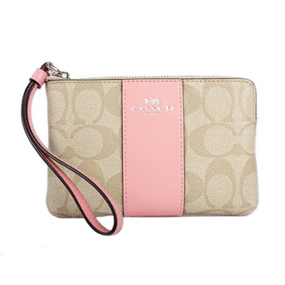 Coach Corner Zip Wristlet In Signature Canvas Pink